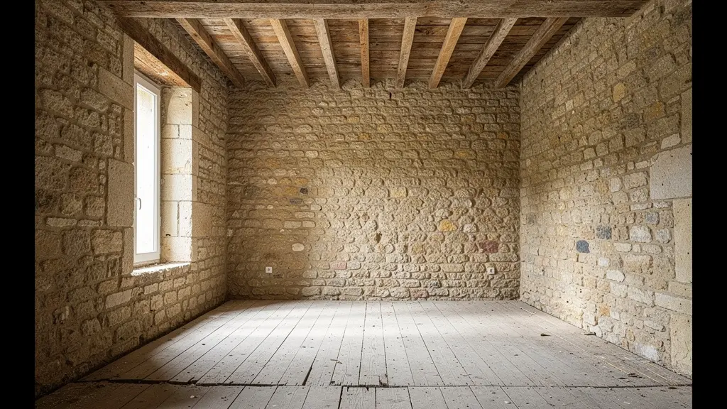 Intérieur d'une maison ancienne à rénover avec murs en pierre apparente et poutres
