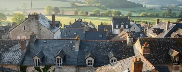 Vue panoramique des toits de maisons en pierre à Brive-la-Gaillarde avec collines de Corrèze