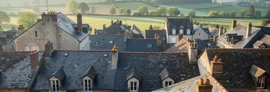 Vue panoramique des toits de maisons en pierre à Brive-la-Gaillarde avec collines de Corrèze