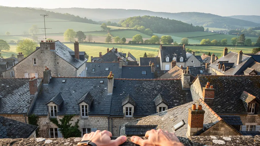 Vue panoramique des toits de maisons en pierre à Brive-la-Gaillarde avec collines de Corrèze