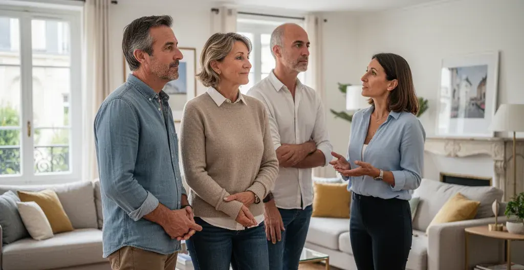 Couple visitant un salon lumineux avec un conseiller immobilier à Brive