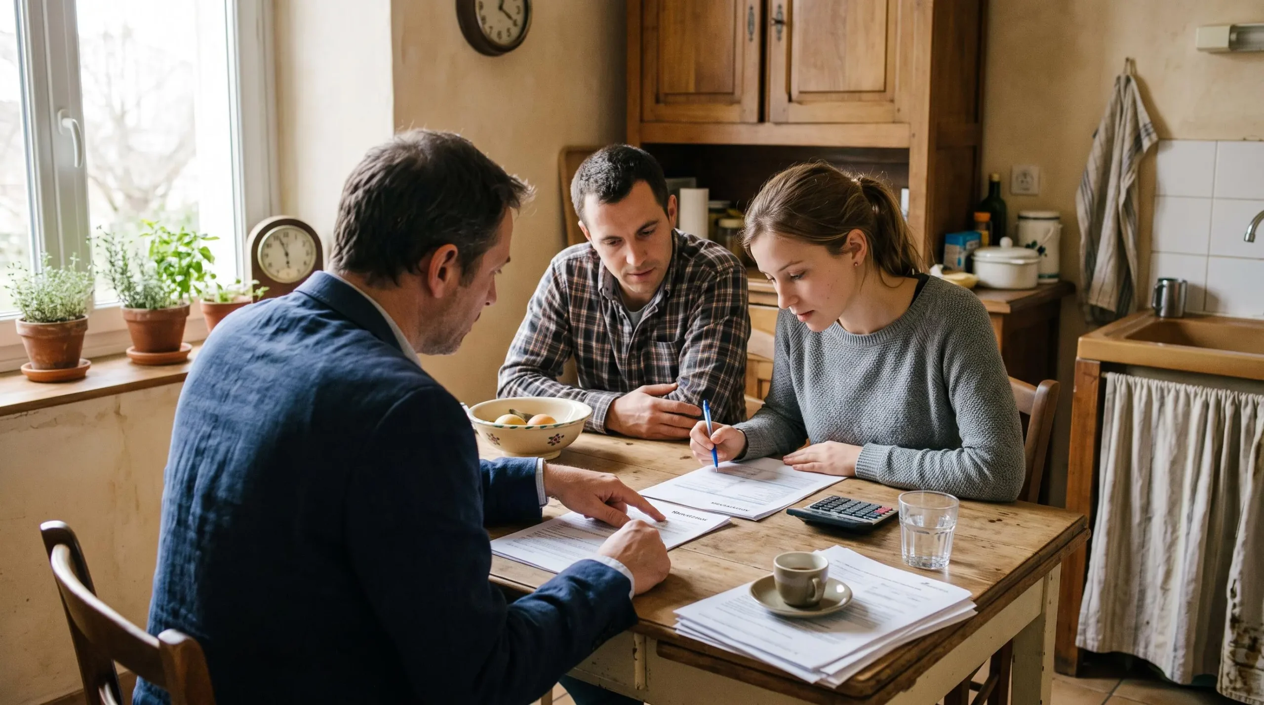 Un couple vérifie des documents de prêt avec un conseiller à la cuisine.