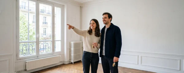 Un jeune couple visite un appartement vide et pointe le mur du salon.