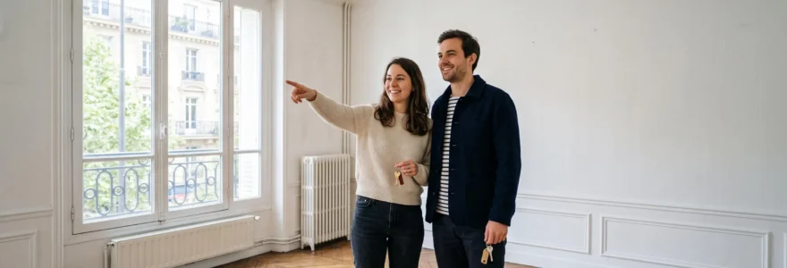 Un jeune couple visite un appartement vide et pointe le mur du salon.