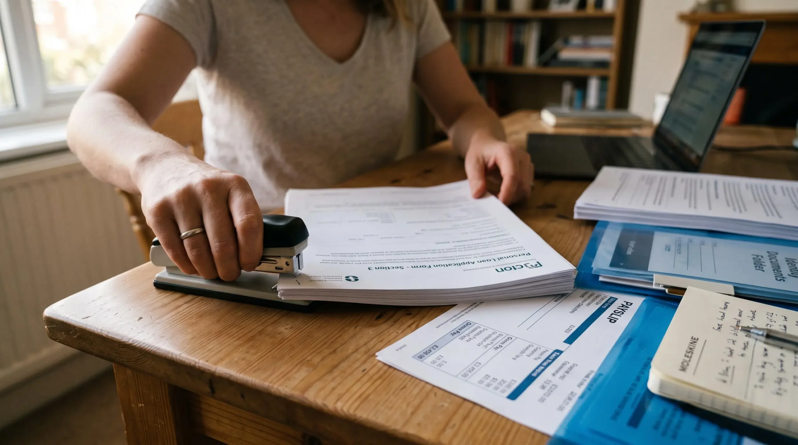 Des mains préparent un dossier de demande de prêt sur un bureau.